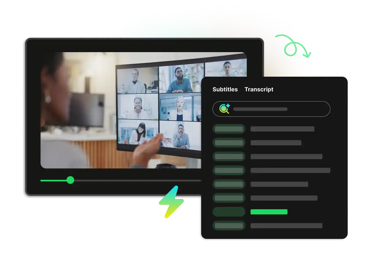 A screen showing a video meeting interface with an automated transcript and subtitles panel on the right.